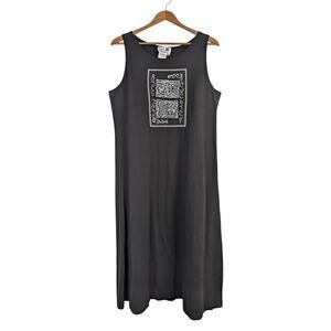 Vtg 1990s Midi Sundress Sleeveless Black Fish Graphic Copa Cabana Large Petite